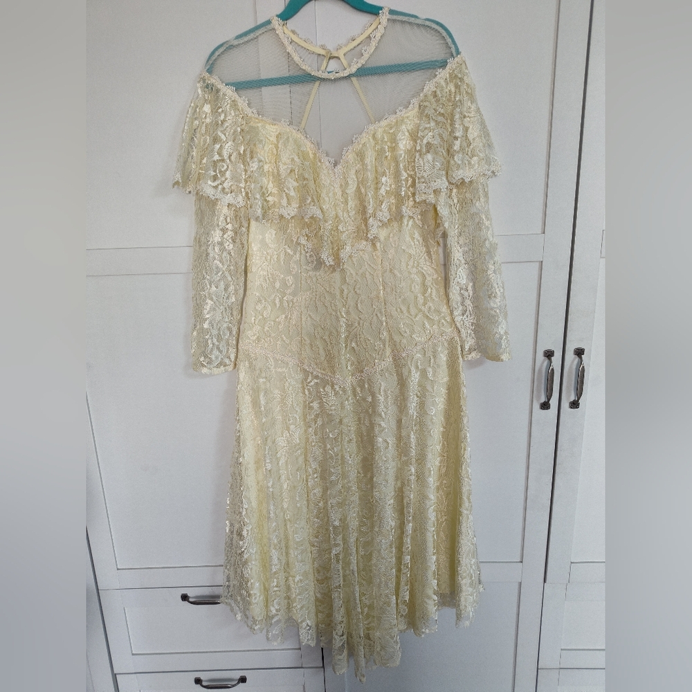 1970s Vtg A La Carte Lace Dress Formal Wedding Sz S 4-6 **See Measurements EUC
